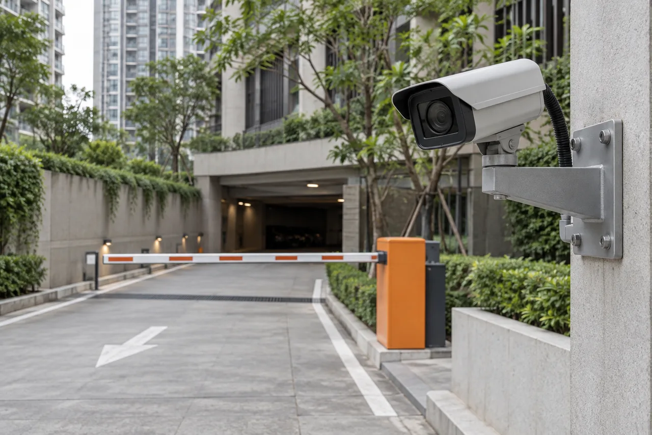 Number plate recognition camera beside a car park entrance