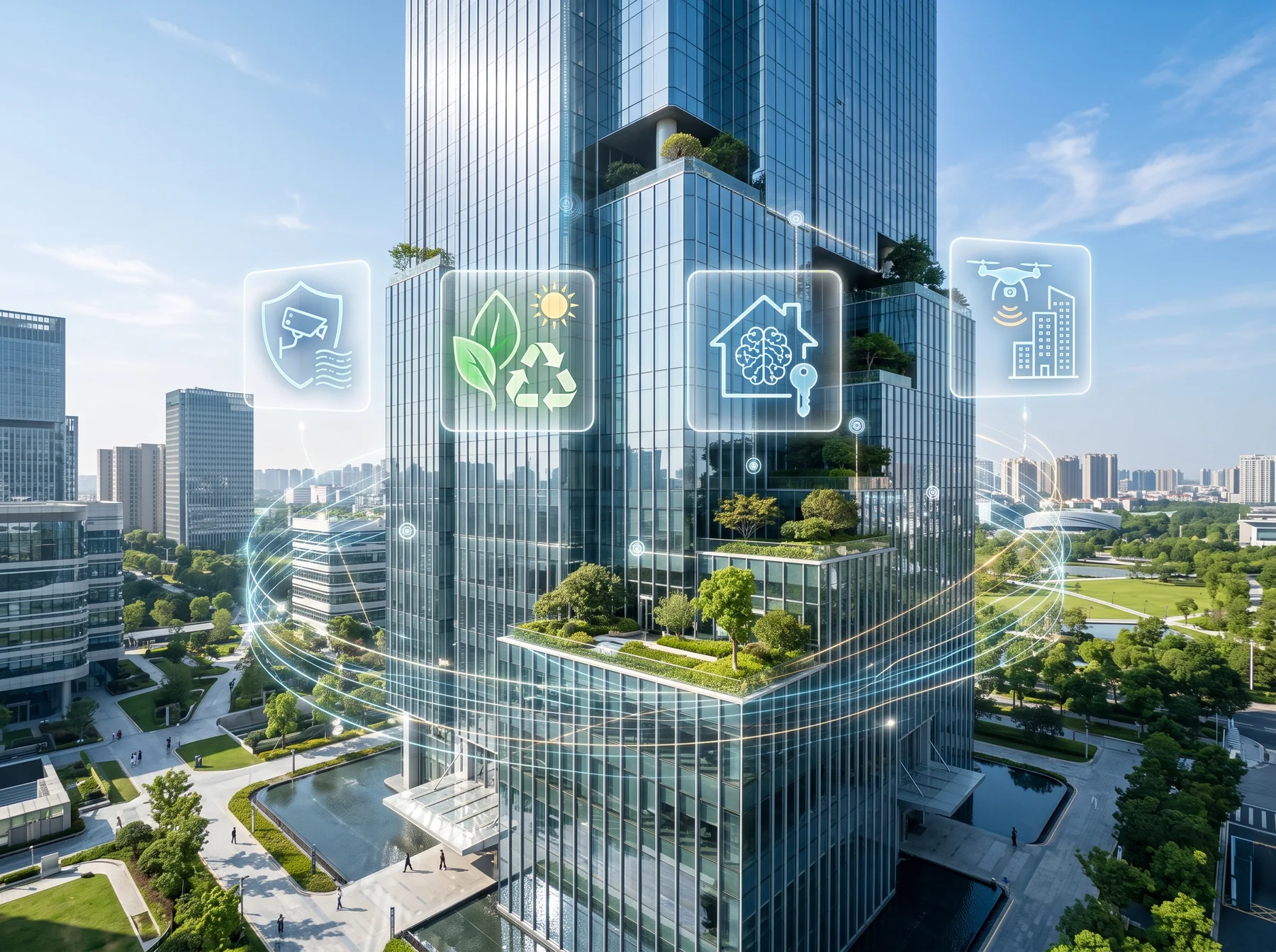 Concept illustration of a smart building with security, sustainability, smart home and drone applications.