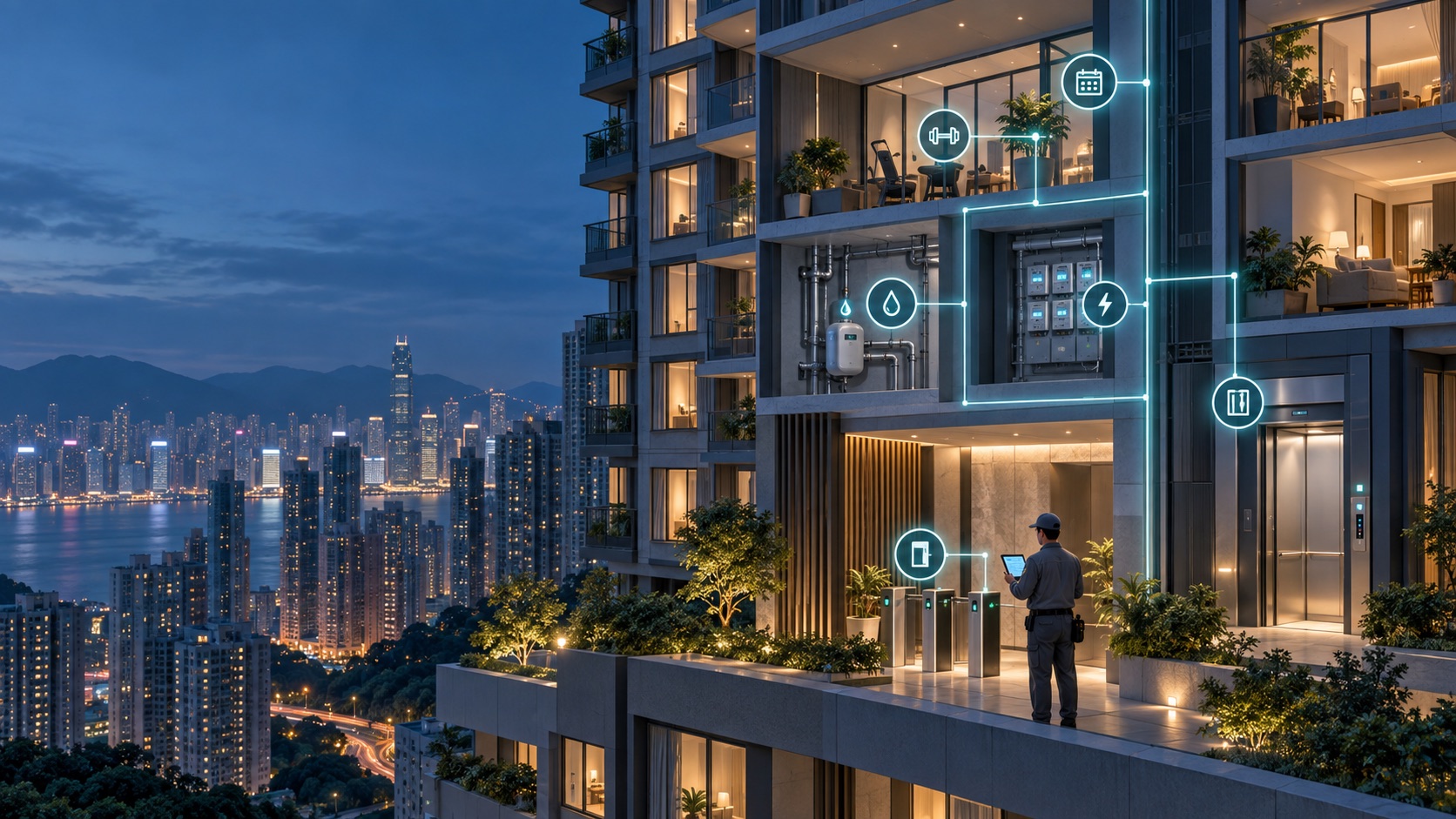 A residential tower at night, with building systems represented by connected data and a maintenance worker using a tablet.