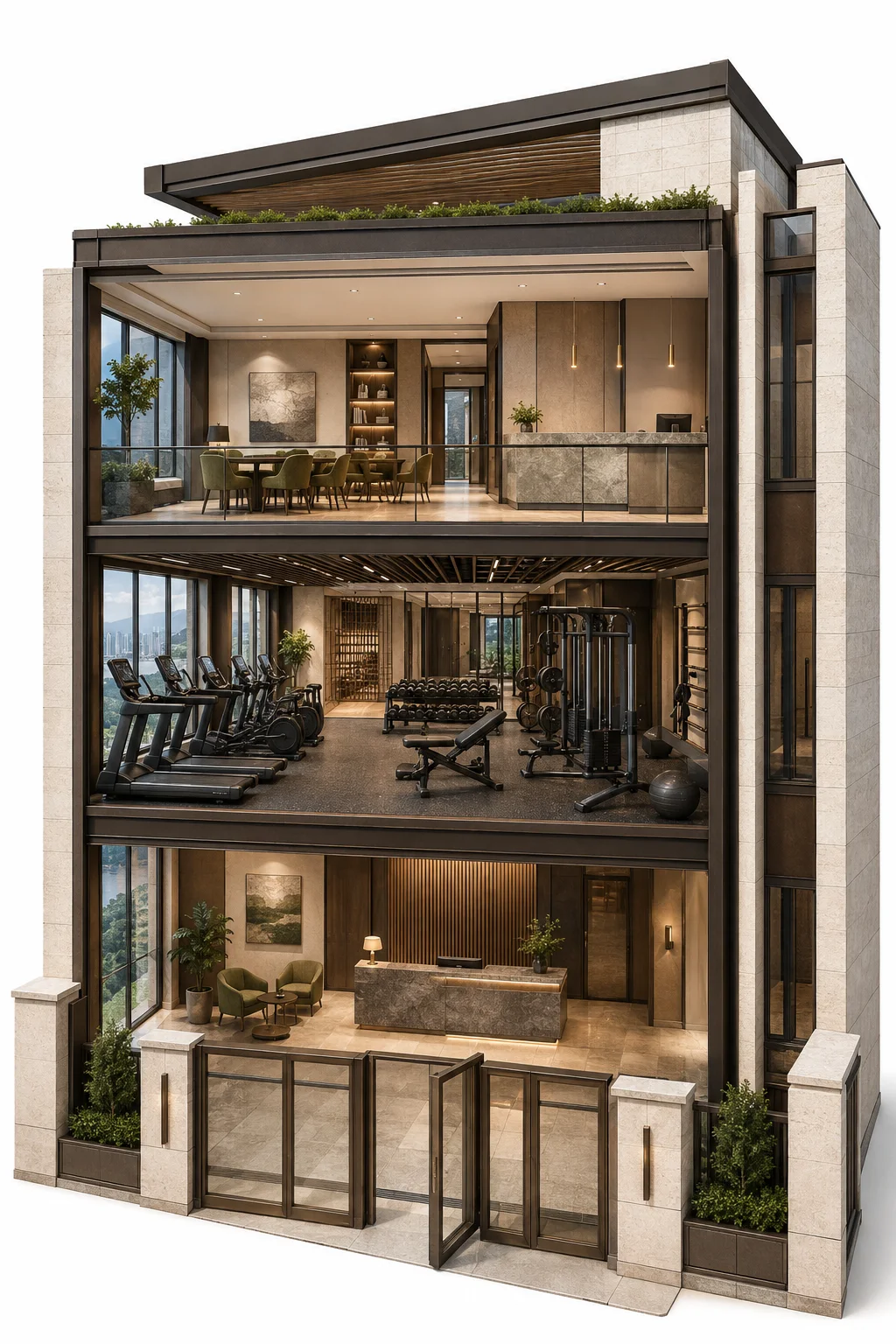 Clubhouse and gym illustration showing reception, booking facilities and member entrances