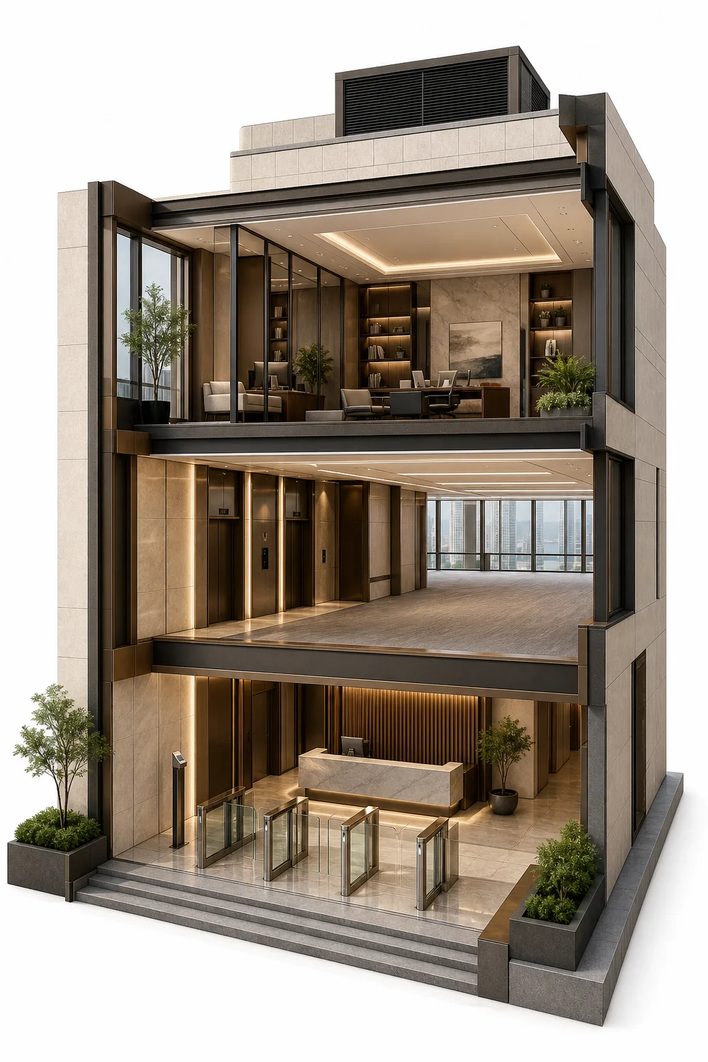 Commercial building illustration showing reception, entrance gates, lifts and a management office