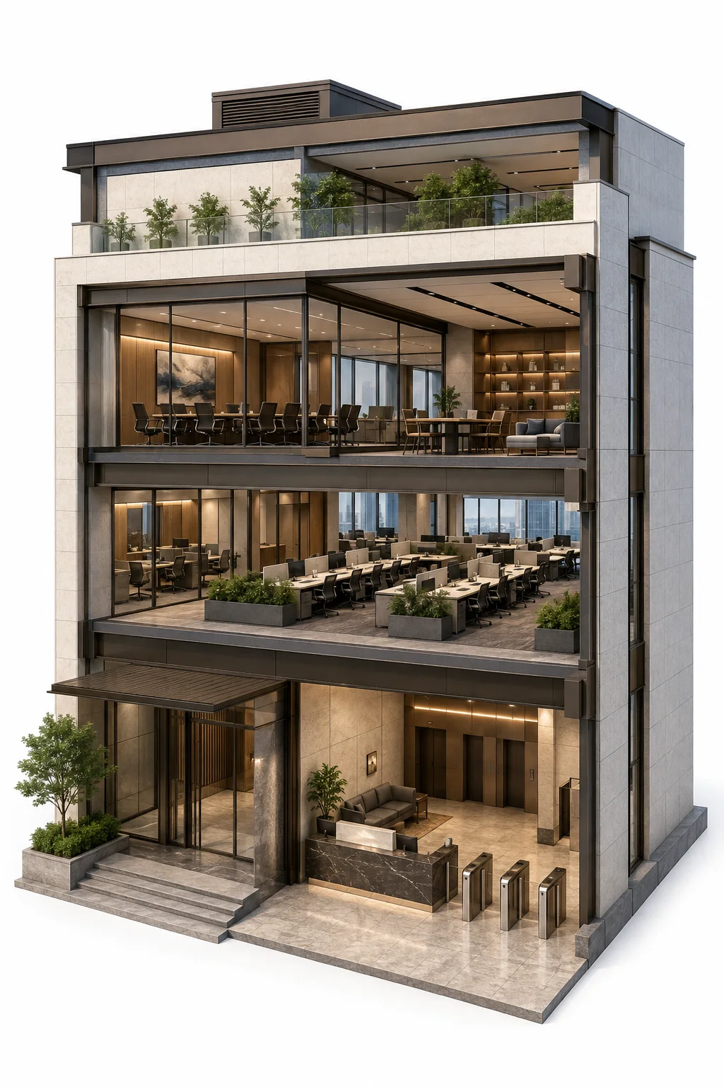 Office illustration showing visitor reception, staff access and shared meeting rooms