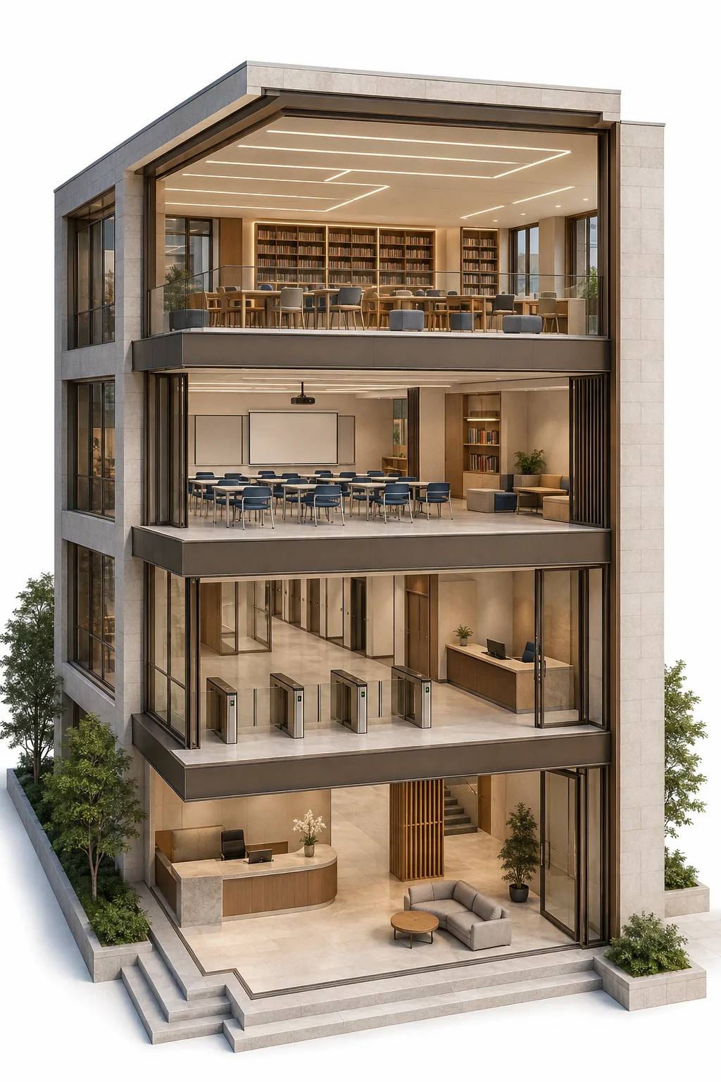 School campus illustration showing an entrance, teaching spaces, shared rooms and lighting controls