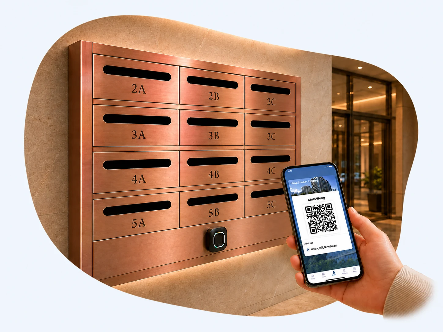 Illustration of rose-gold residential mailboxes with an access reader