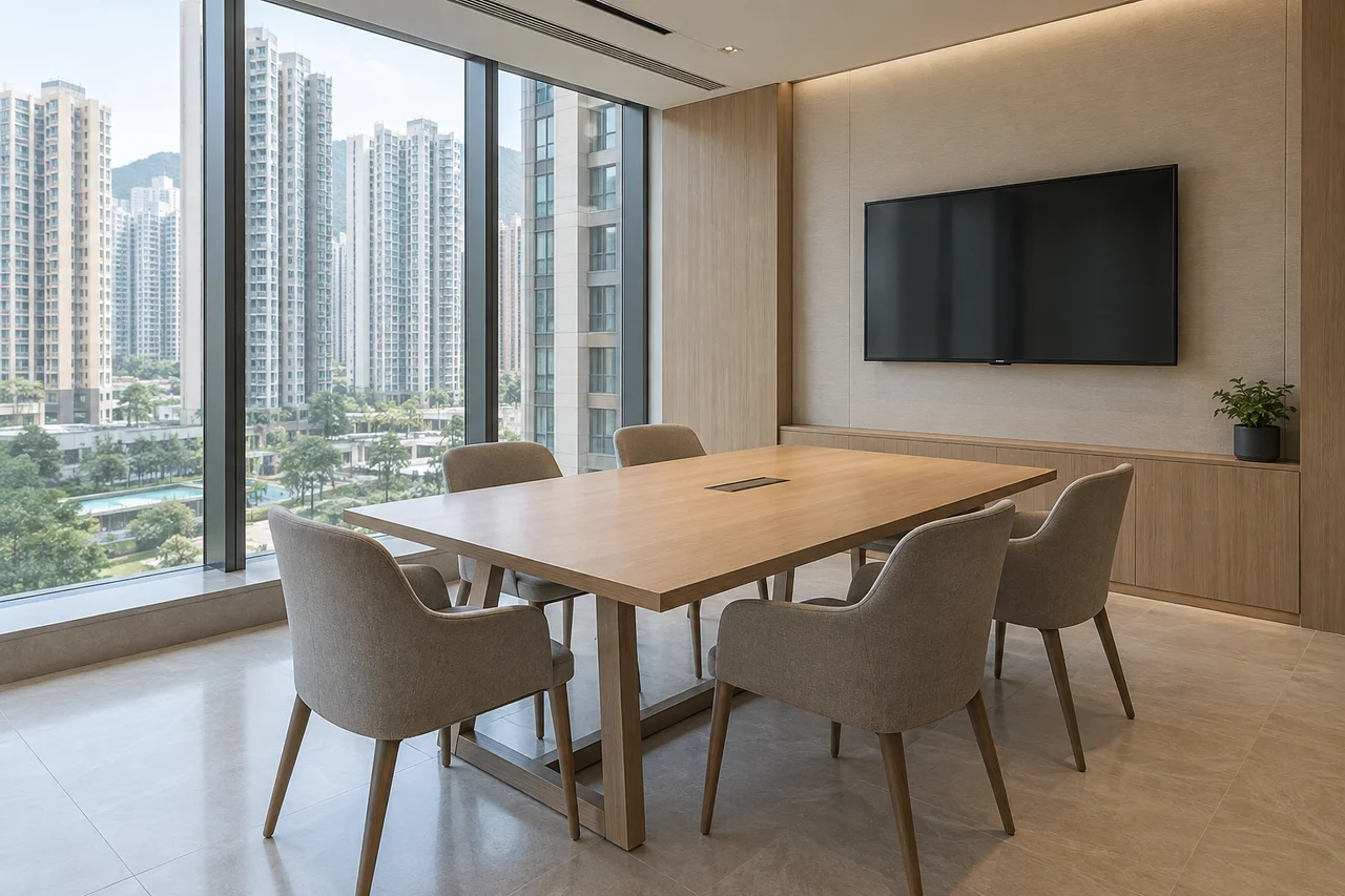 Clubhouse meeting room with a table, chairs and wall-mounted display
