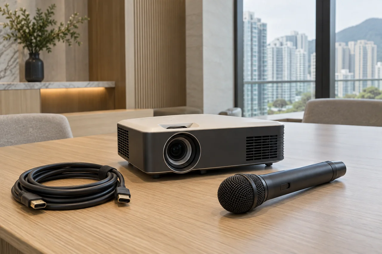 Projector, microphone and HDMI cable on a meeting-room table