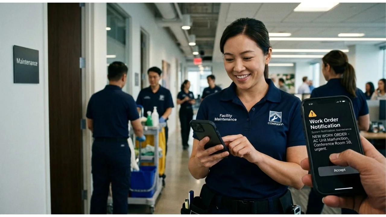 Property service staff using phones in a corridor