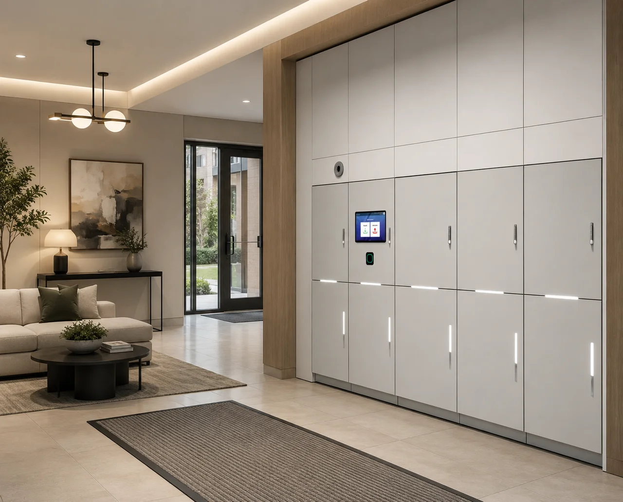 Smart locker bank beside a lobby seating area