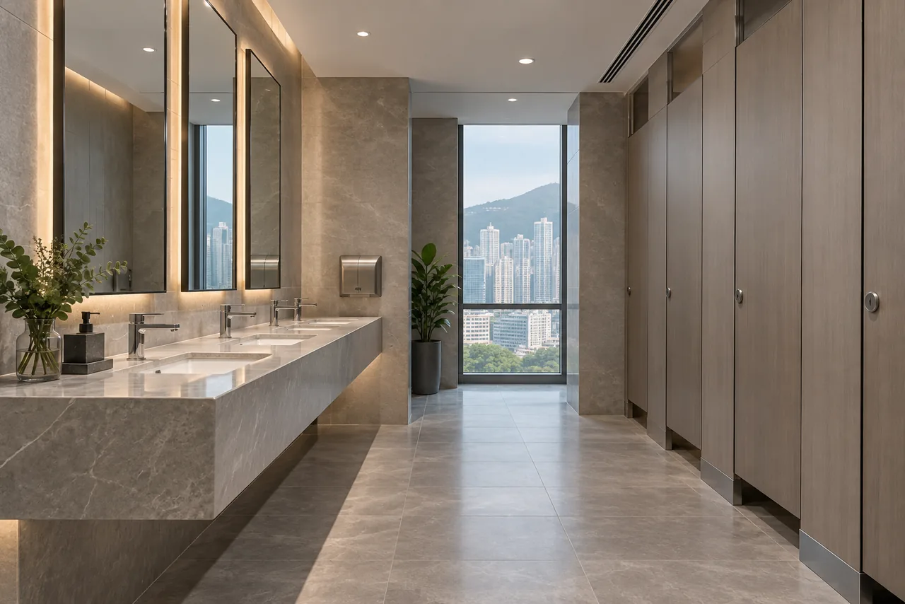 Modern washroom with cubicles, basins and consumable dispensers