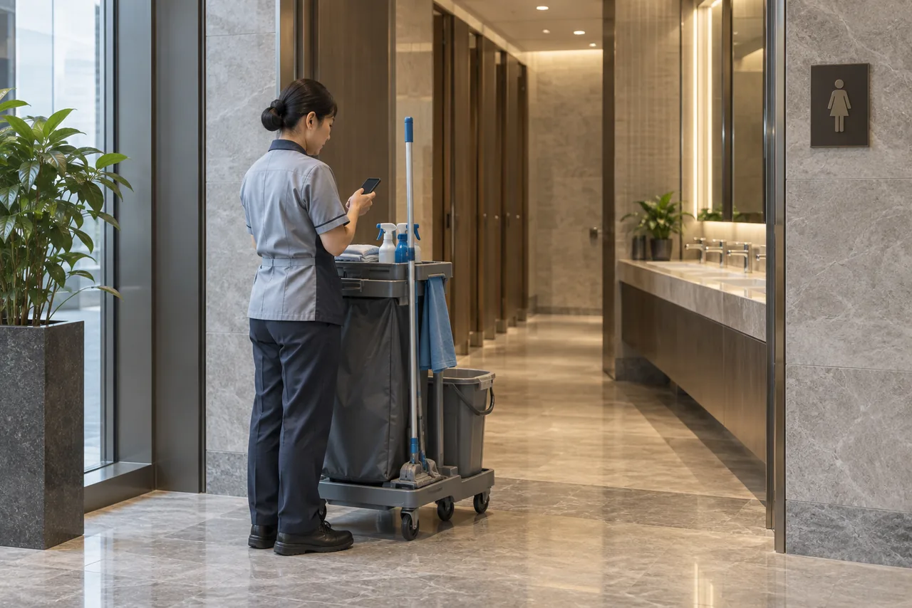 Washroom maintenance area with cleaning equipment