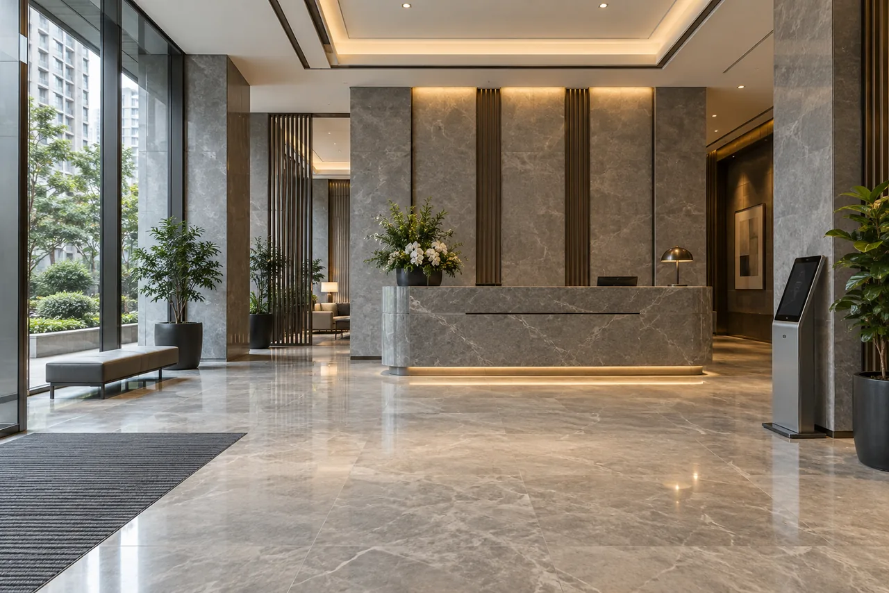 Visitor self-registration kiosk in a residential lobby